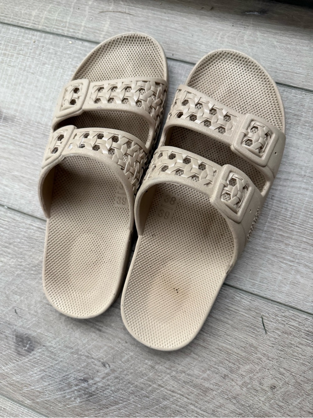 Neutral Beige Slide Sandals with Woven Double Straps